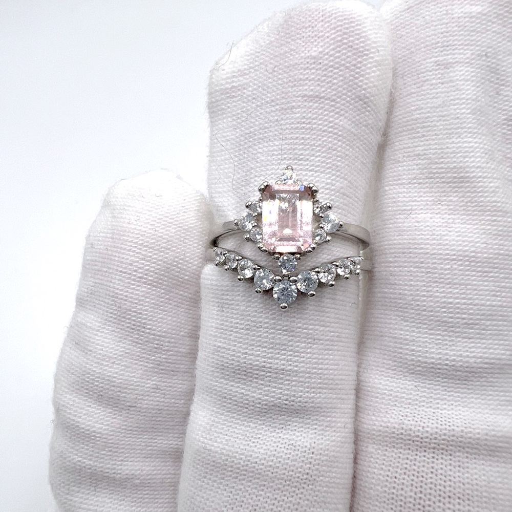 .925 Sterling Silver Light Morganite Cz & Clear Cz 2 PC Ring Set - Picture 8 of 17
